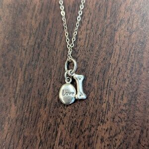 Delicate Sterling Silver Necklace Dog Lover + Dog Bone + Love Charms 16"